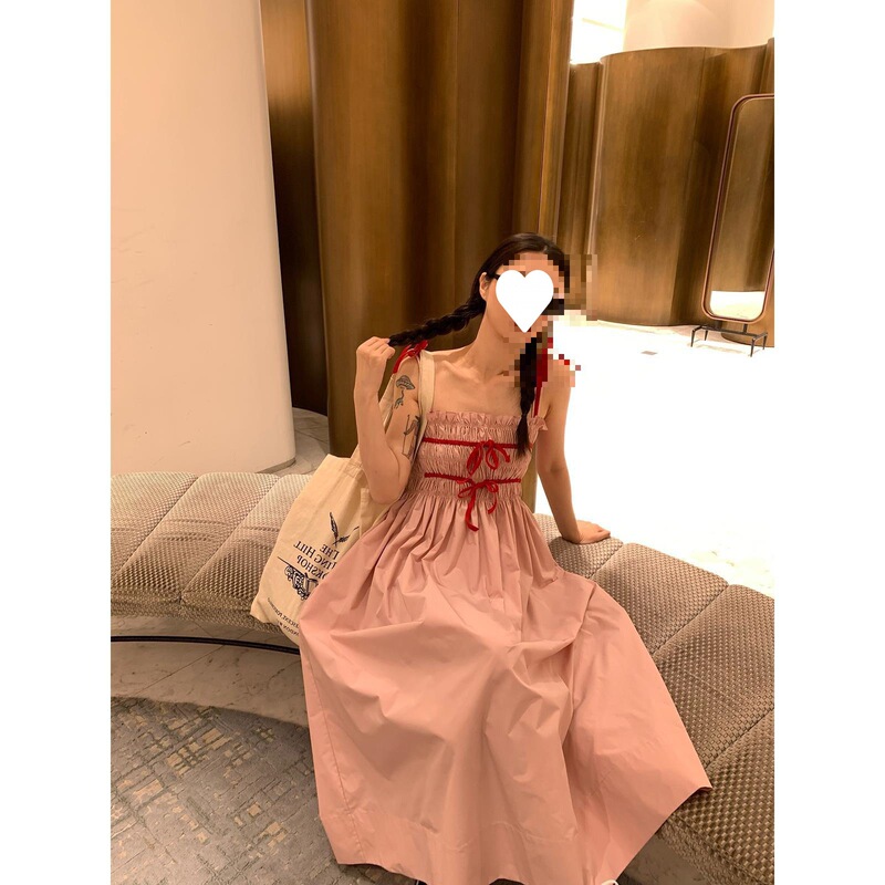 [in stock] VC Seaside Vacation Velvet Powder Bow dress Long Joker Spring New