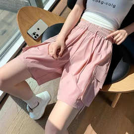 纯棉工装短裤女2025夏季新款直筒宽松粉色休闲中裤阔腿五分运动裤