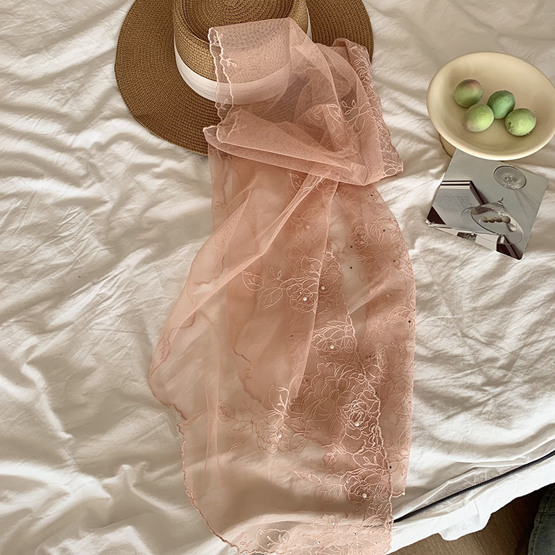 Bufandas de seda de alta calidad primavera y verano encaje clavos perlas bufandas de seda gancho flores bordadas bufandas de diseño