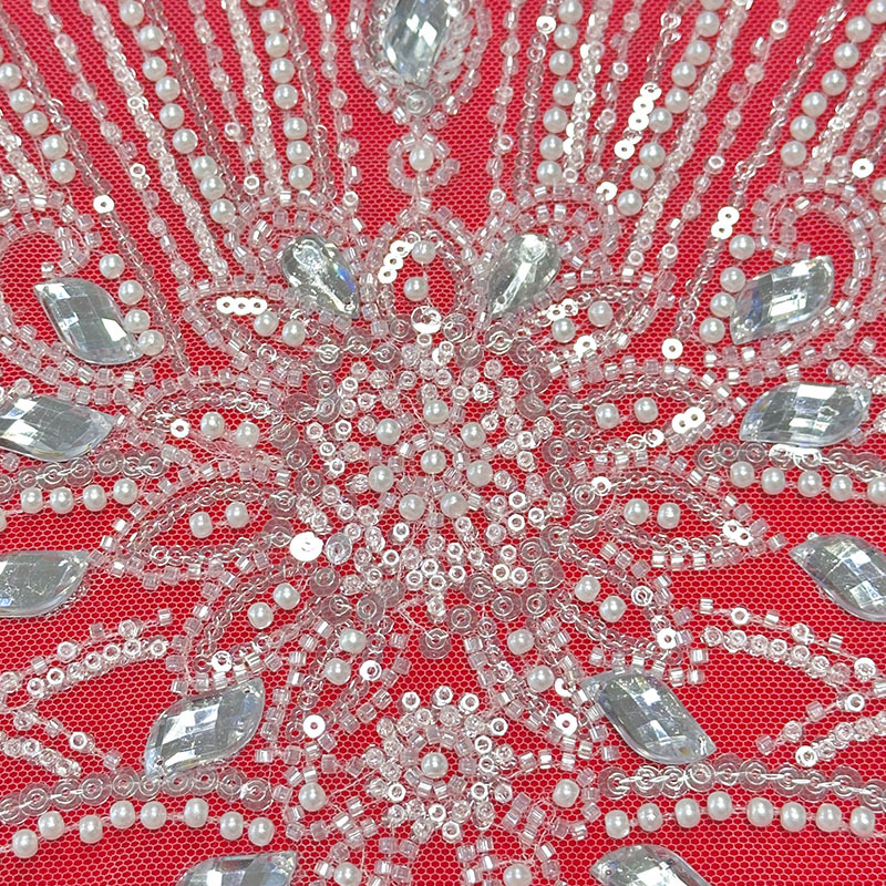 Tejido de sequilla de malla de encaje de diamante gran tubo de perlas bordado de sequilla diseño de vestido exquisito alfombra roja tela de boda