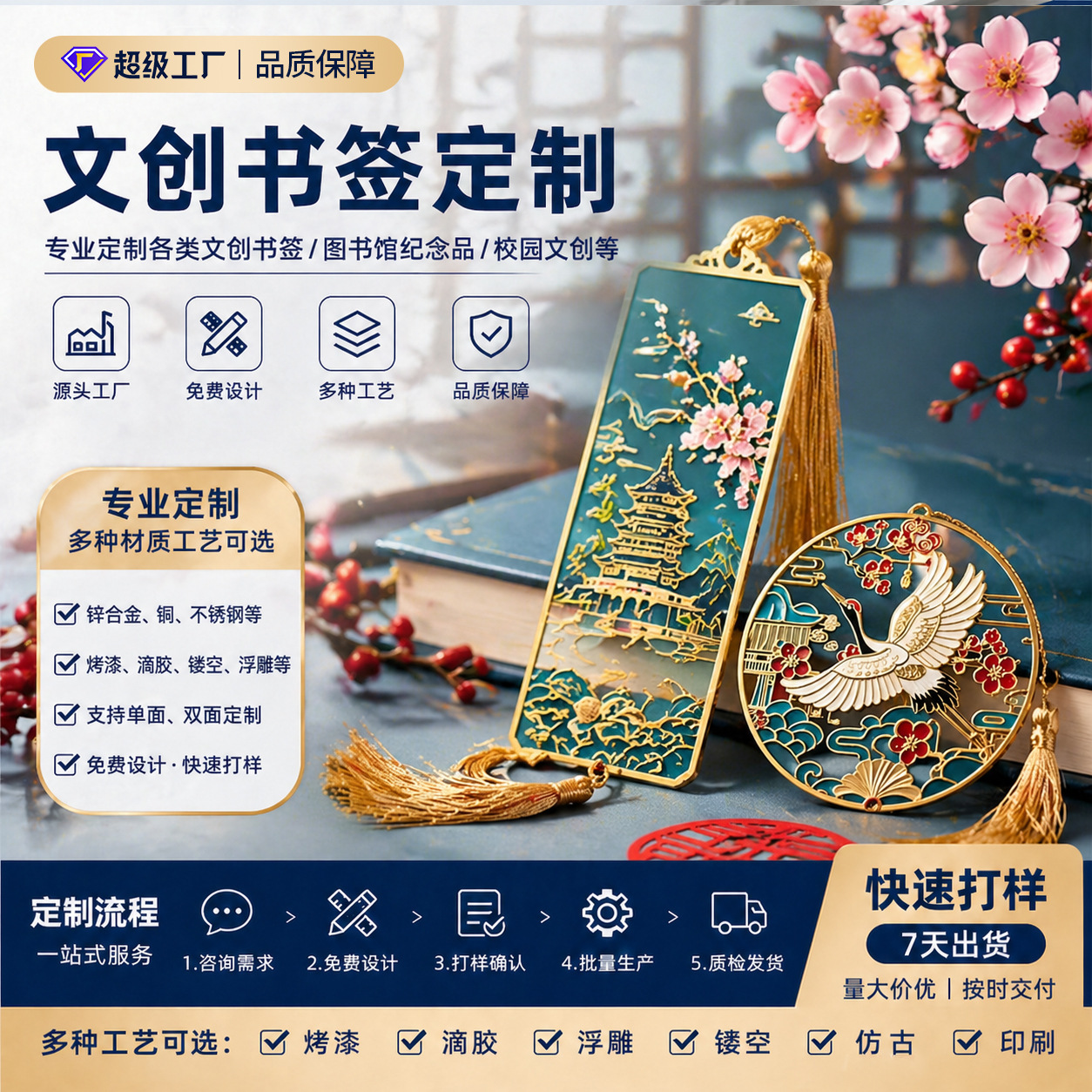 文创金属书签定制黄铜流苏镂空透光透明漆创意中国风古风景区logo
