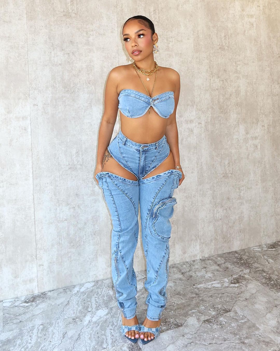 Washed Stretch Denim Special Split Zipper Three Dimensional Pocket Bandeau Sexy Set 6 Washed Stretch Denim Special Split Zipper Three Dimensional Pocket Bandeau Sexy Set
