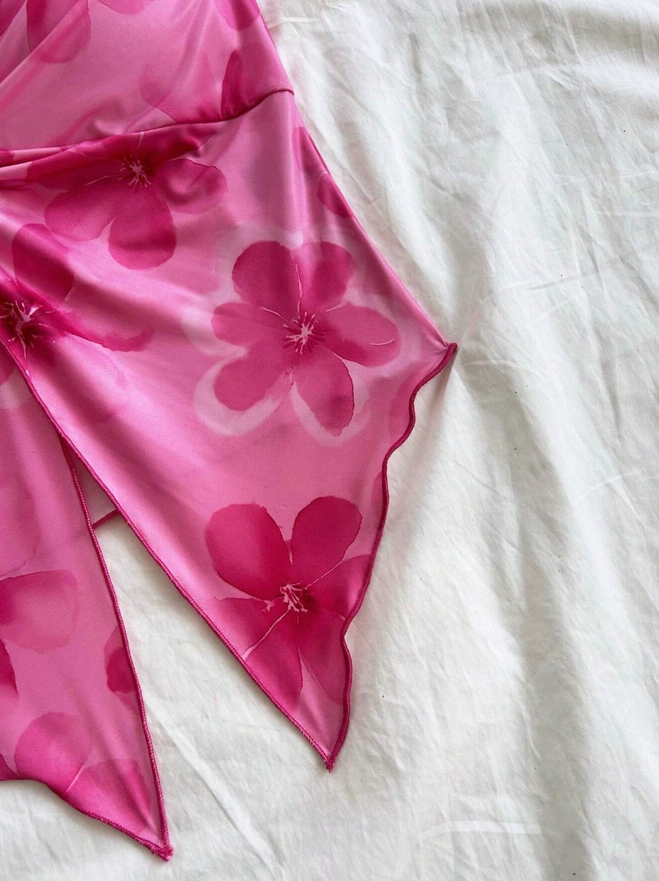 Топ babydoll, розово-красный с цветочным принтом, женский для ранней осени, XS–XL