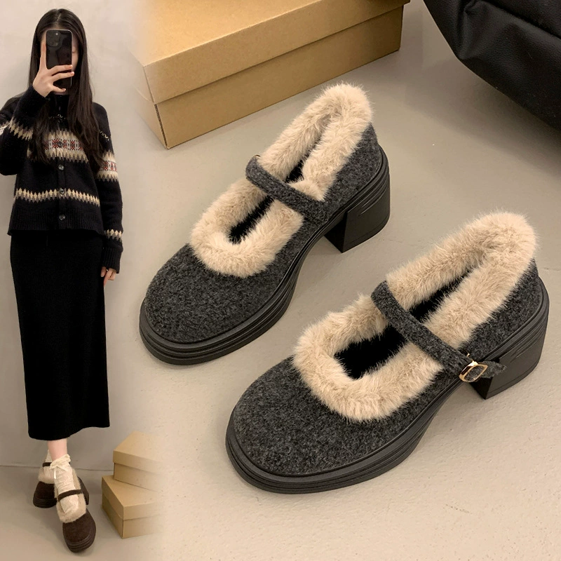 Французский темперамент поздний вечерний ветерок толстый каблук плюс бархатный фея туфли на высоком каблуке женские 2024 осень-зима новые теплые туфли Мэри Джейн