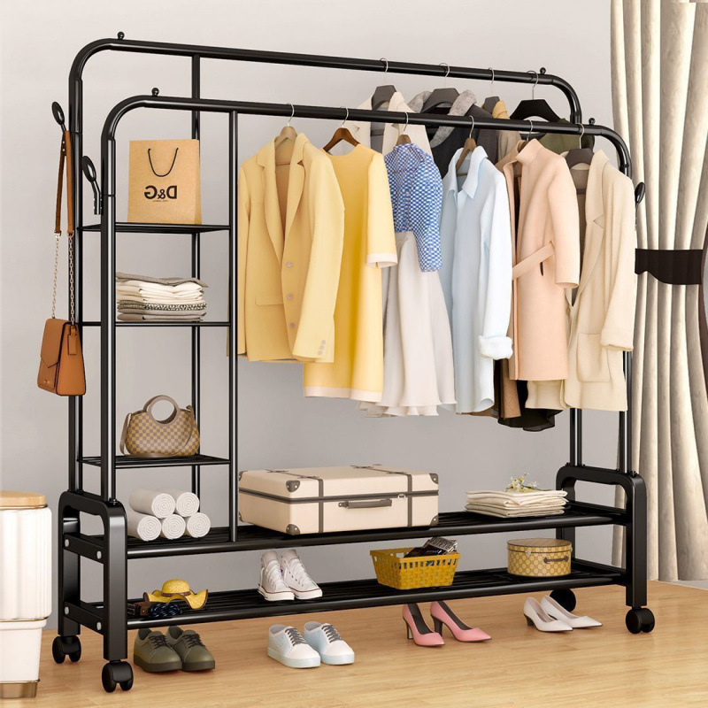 Freestanding Floor-Standing Bedroom Clothes Rack with Wheels, Movable Household Living Room Trendy Light Luxury Clothes Drying Rack