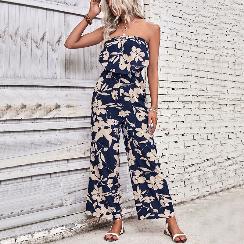Bandeau-Jumpsuit mit geradem Bein und Blumenmuster_voghion.com