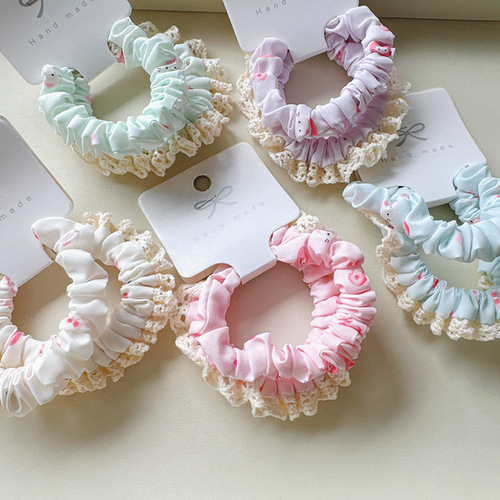 2-Pack Lace Edge Cartoon Cat Print Small Intestine Hair Tie Cute Sweet Ponytail Rubber Band Hairband for Girls