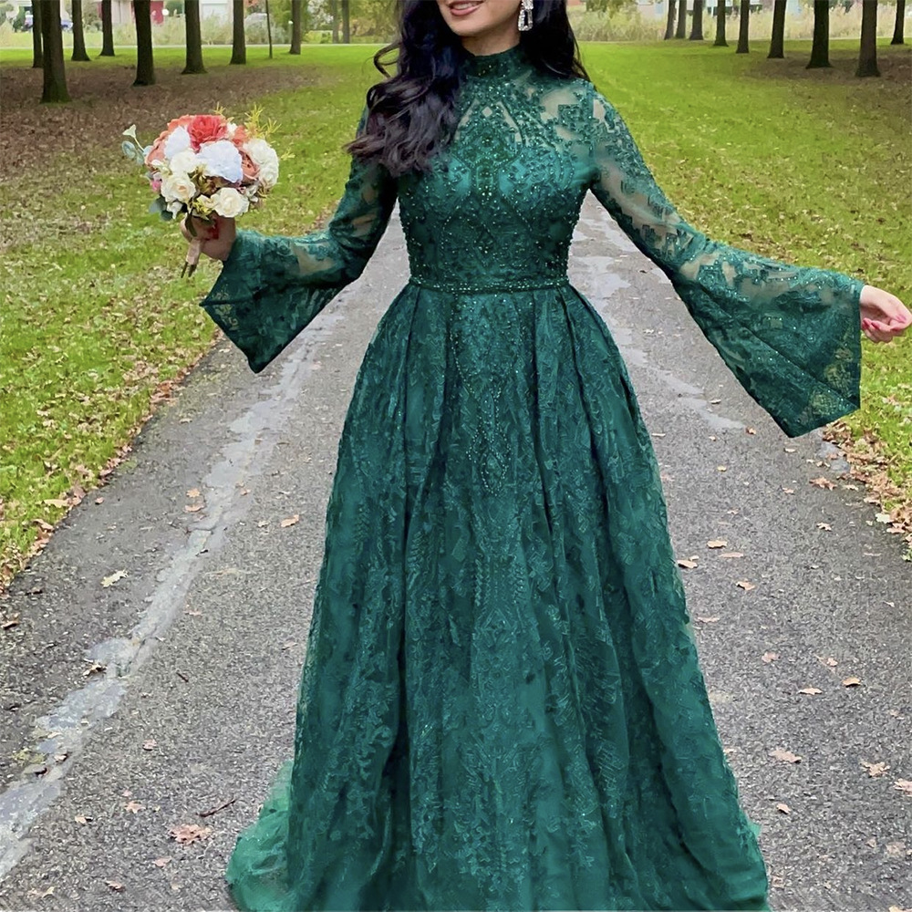 European and American long arm-covering stand collar slimming high-end socialite temperament host performance solo dress LA71247