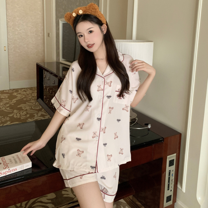 Pijamas de algodón de verano, chicas dulces estudiantes, cardigan de manga corta, pantalones cortos de dibujos animados, ropa para el hogar se puede usar fuera
