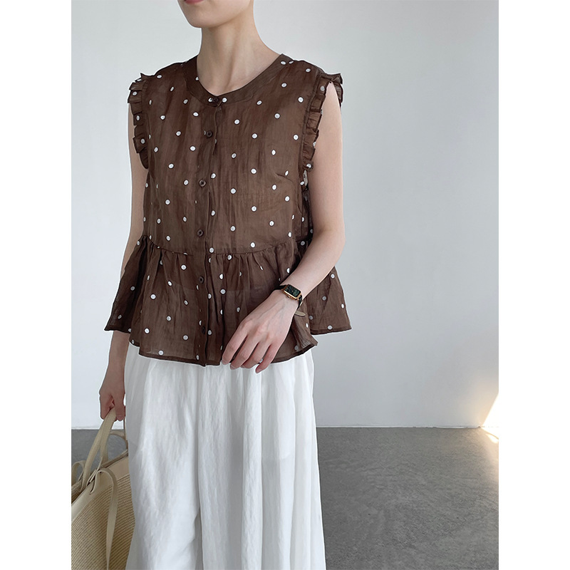 Taochuan 26 Summer Ramie Round Neck Ruffle Sleeveless Polka Dot Shirt Women's Ruffle Trim Vest Top C6027