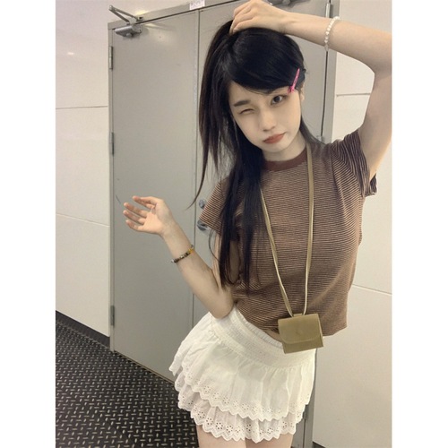 Retro Striped Short-Sleeve T-Shirt for Women 2024 Summer Hot Babe Slim-Fit Transparent Base Shirt Versatile Student Short Top