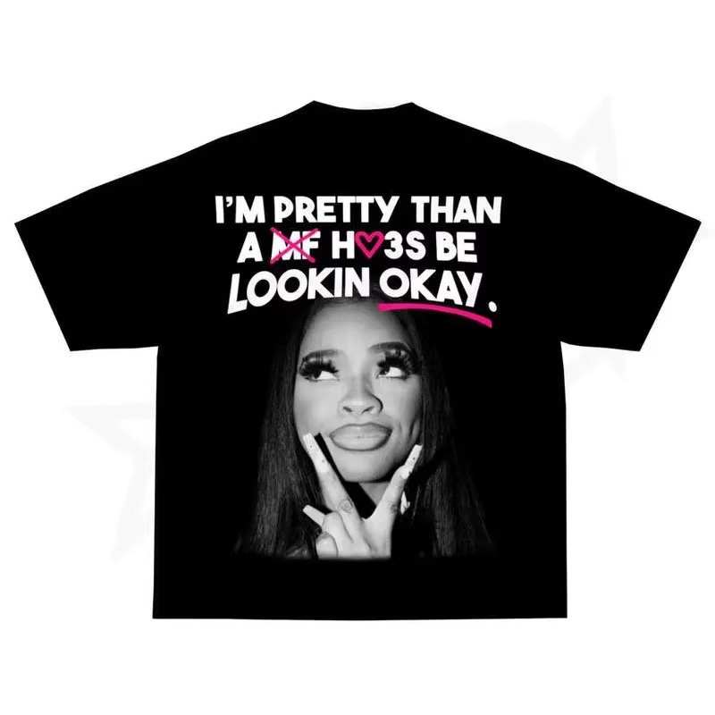 Specially Designed for European Sizes, Pure Cotton Women's T-Shirt with Confidence Slogan Print, Heavyweight American Y2K Style Short Sleeves