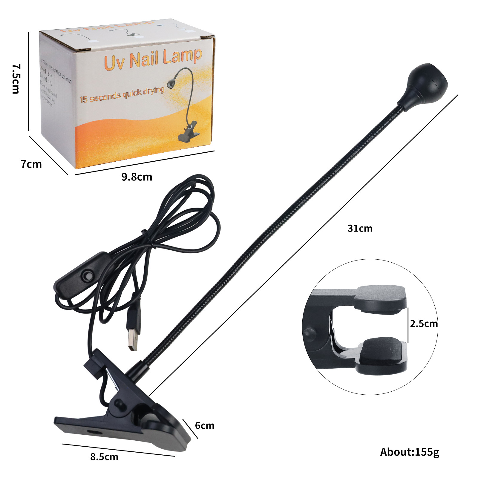 Transfronterizo exclusivo mini clavo pegamento UV lámpara de curado de luz púrpura con clip y interruptor de luz USB multiusos