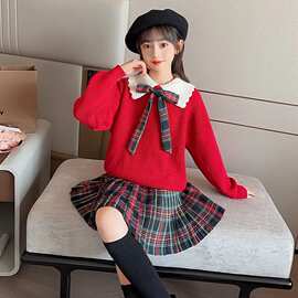女童秋冬季新款时尚复古格子裙毛衣两件套儿童女孩洋气娃娃领套装