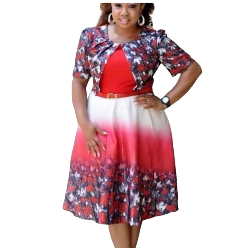 Cross-border supply plus size African women's new digital printing short sleeve round neck fake two-piece Large swing dress gift belt