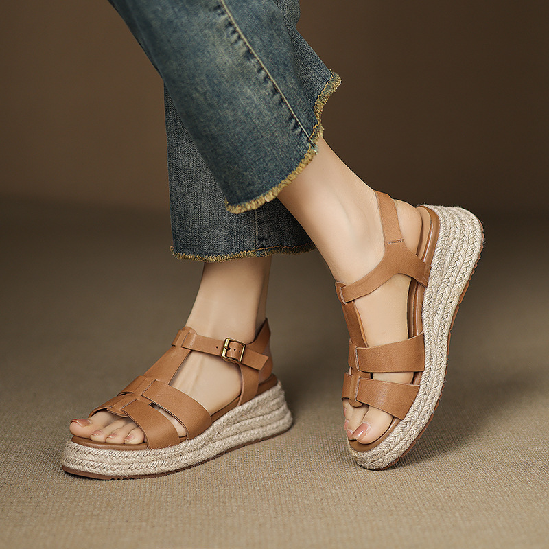 Straw leather summer casual sandals wedge heel platform open toe