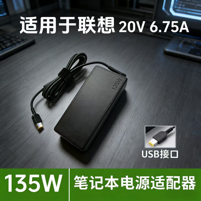 Suitable for Lenovo Laptop Charger 20V6.75A 135W Power Adapter USB Square Port with Pin