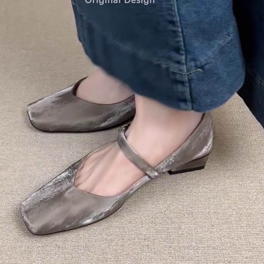 Piel de cordero súper suave ~ Zapatos individuales franceses, zapatos de ballet de tacón bajo con cabeza cuadrada para mujer, zapatos retro Mary Jane con hebilla