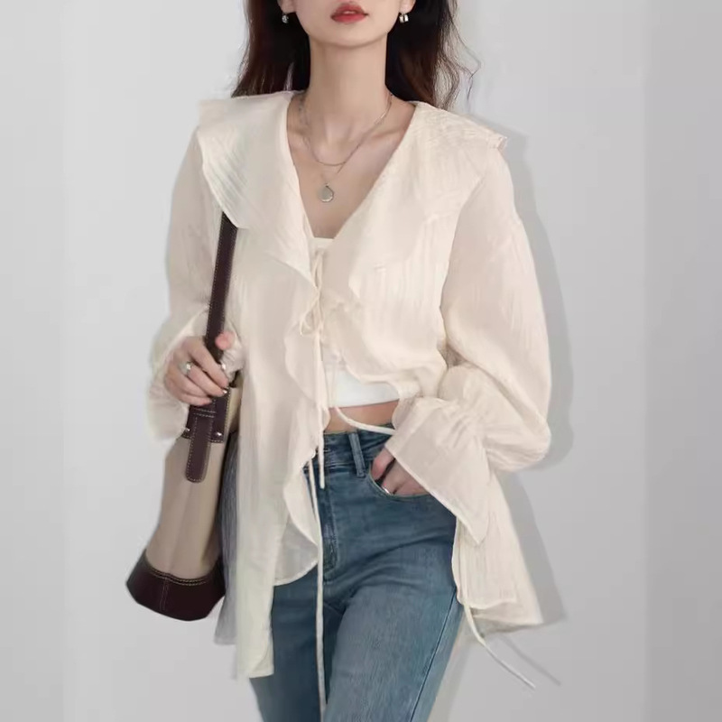 CHICVEN "Imagine Space" Spring Texture Tencel Ruffled Loose Sleeve Lace-up Mid-length Shirt