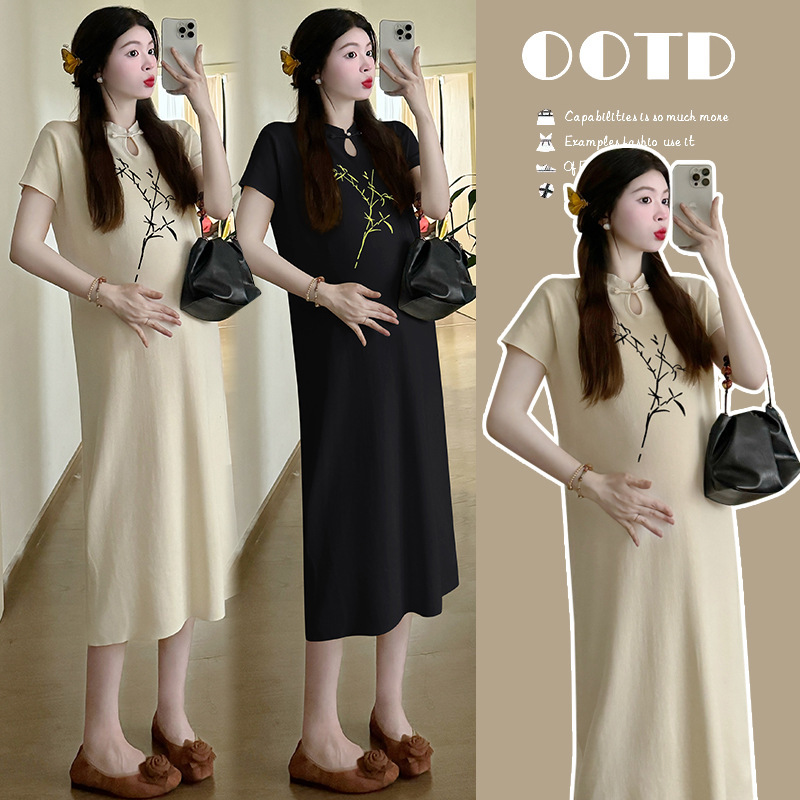 Maternity Dress Summer New New Chinese Style Plate Buckle National Style Embroidery Improved Cheongsam Elegant Loose Pregnant Women Dress