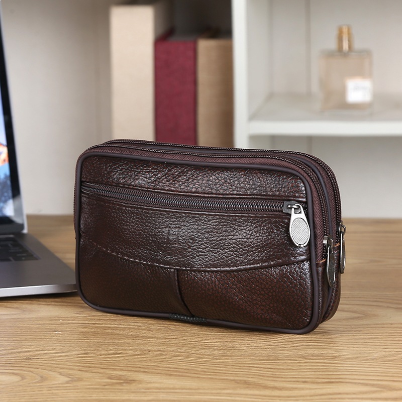Men's Genuine Leather Double-Layer Mobile Phone Waist Bag, First-Layer Cowhide Leather Belt-Worn Waist Bag, Anti-Fall Mobile Phone Bag for Middle-Aged and Elderly Business People