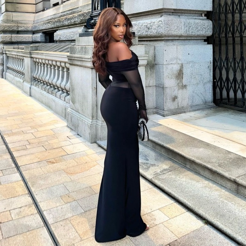 New Arrival Fashion Elegant Off Shoulder Long Sleeve Slim Fit Sheer Mesh Dress Women's Casual Party Evening Cocktail Dress_ecoleips.com
