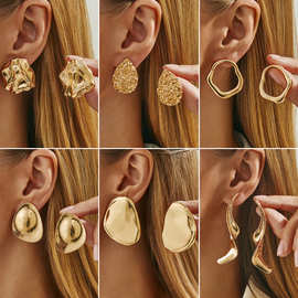 欧美跨境时尚液态金属褶皱水滴耳钉 夸张ins风异形几何大光面耳饰