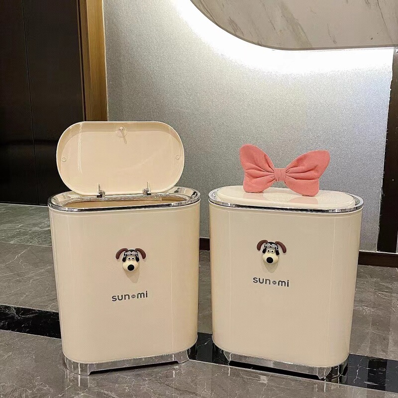 Internet Celebrity Press-type Light Luxury Bathroom Elastic Lid Gap Trash Bin Household High-value Cream Puppy Garbage