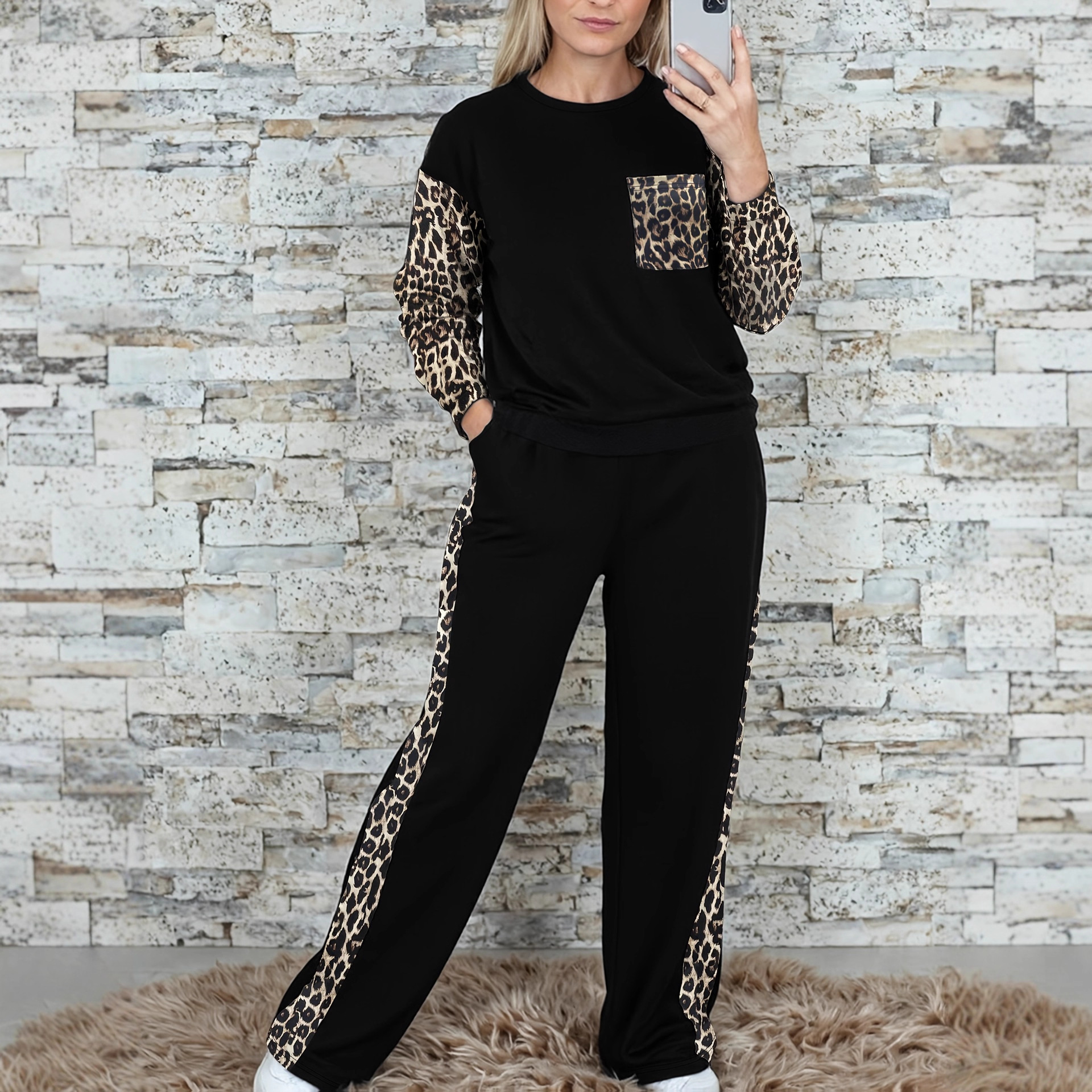 Women's Leopard Print Two Piece Set Crew Neck Top & High Waisted Trousers European American Style Trendy Winter Outfit_ecoleips.com
