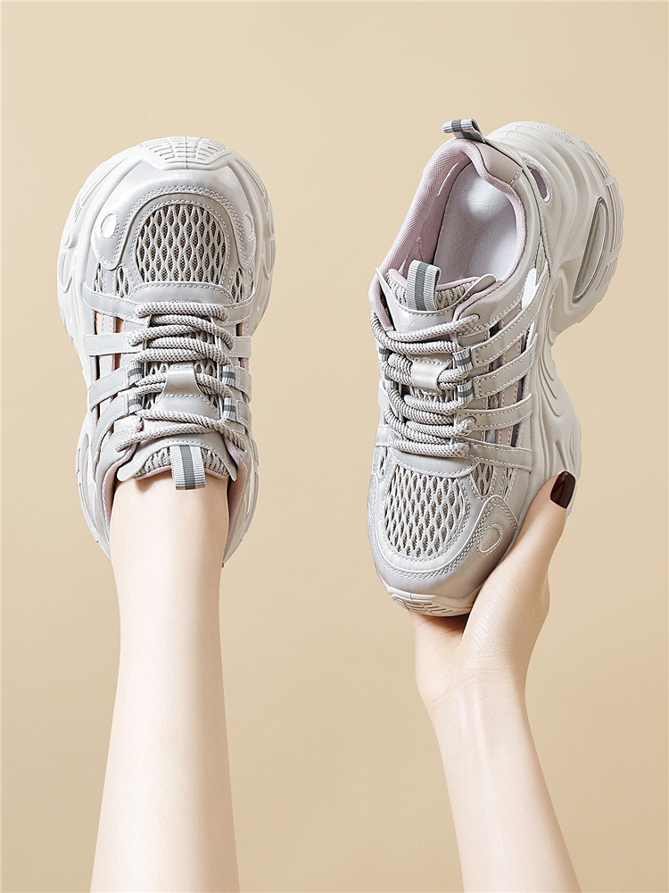 Giày sneaker nữ đế dày lưới thoáng khí phong cách thể thao gót 5 cm — 7234 bột sâm panh cao gót 5cm, 7234 gót trắng cao 5cm