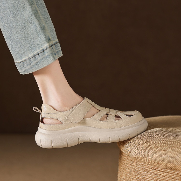 Sandal nữ đế dày da cừu phối quai ngang phong cách học đường — màu đen, màu trắng ngà chi tiết 28