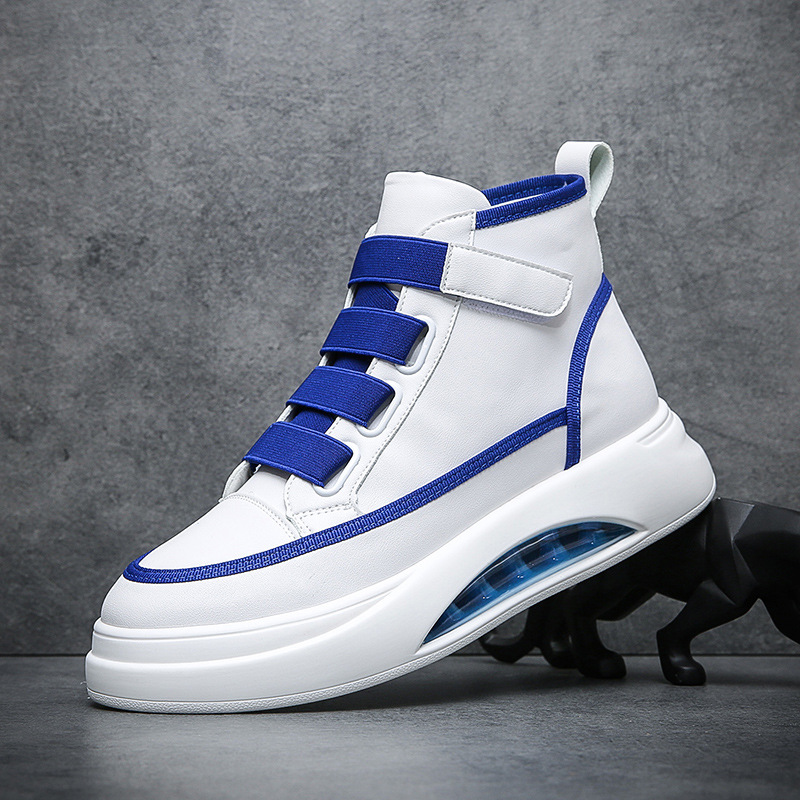 小白鞋男式高幫板鞋潮流百搭彈力帶魔術貼厚底男鞋直播代發