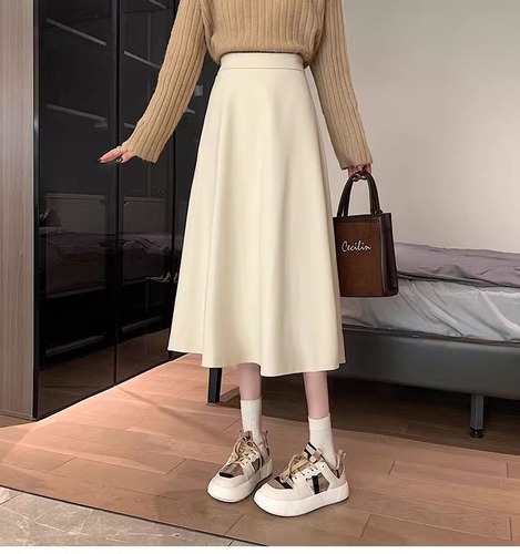 Women's Autumn/Winter Medium-Length High-Waist Slimming A-Line Skirt Black Petite Girl Large Swing Umbrella Skirt