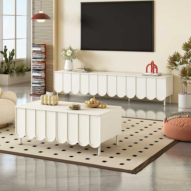 French Cream Style TV Cabinet Simple Modern Small Apartment Living Room Floor Cabinet Light Luxury Storage TV Cabinet Coffee Table Combination