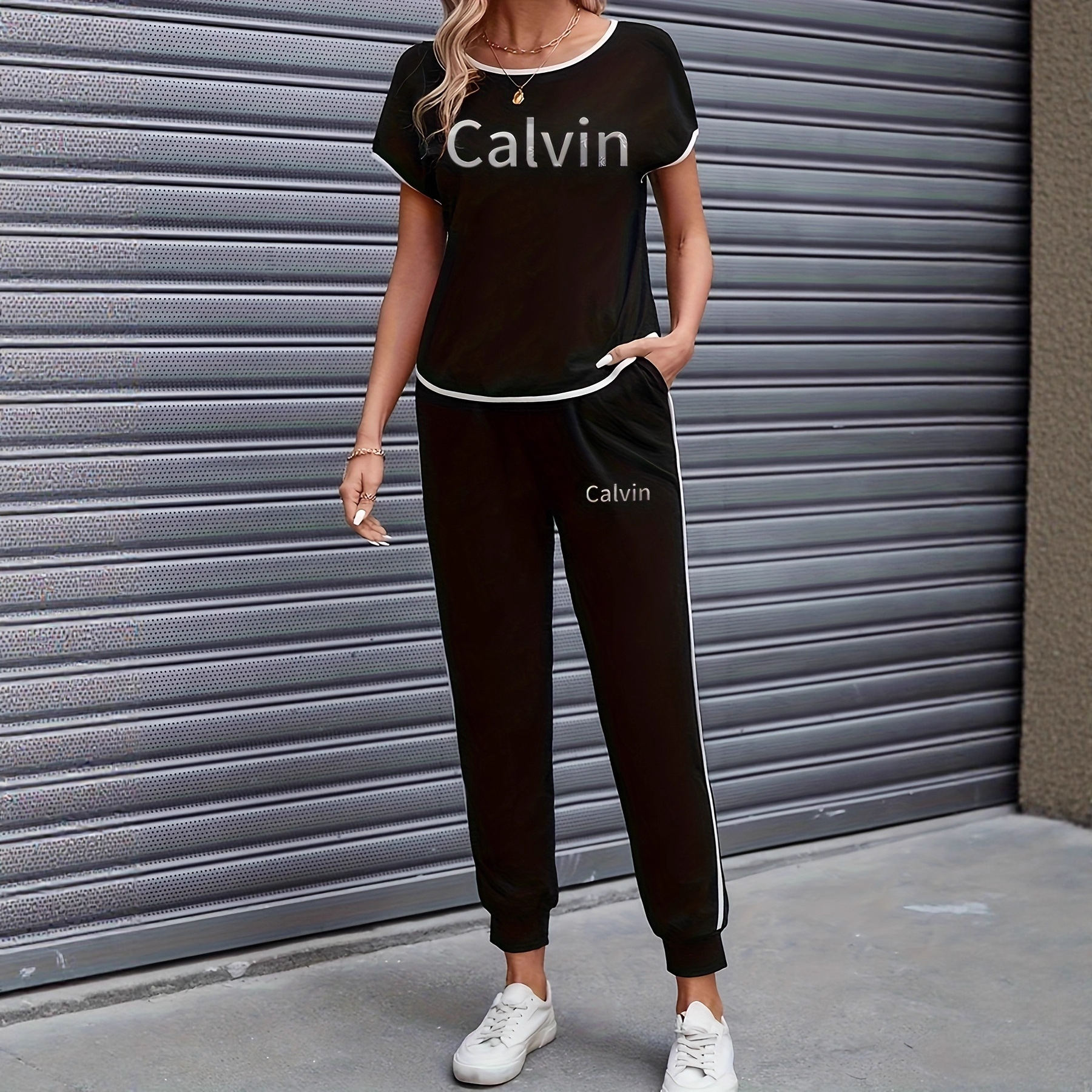 Women's Clothing Color Block Trim Casual Suit Spring Summer Autumn American Style Simple Loose Fit Short Sleeved Set_ecoleips.com