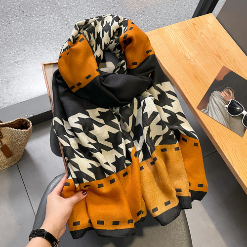  new Korean style houndstooth fashion temperament cotton and linen scarf women's dual-use neck scarf to keep out the cold shawl silk scarf
