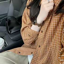 韩系复古格子长袖衬衫女小个子夏新款叠穿松弛感休闲防晒衬衣外套