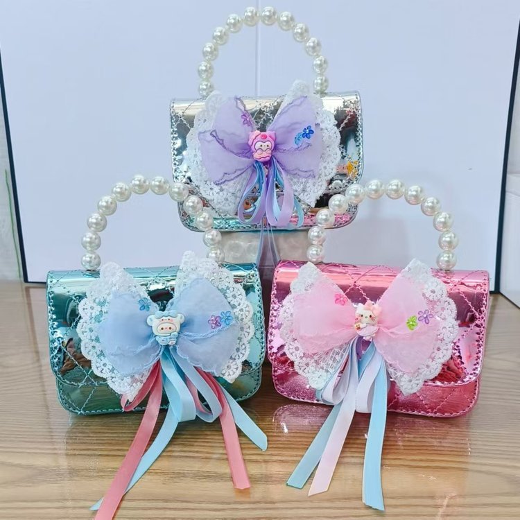子供用の新しい女の子の真珠のハンドバッグ菱格レースの蝶結びの女の子のショルダーバッグの小銭のショルダーバッグのファッション|undefined