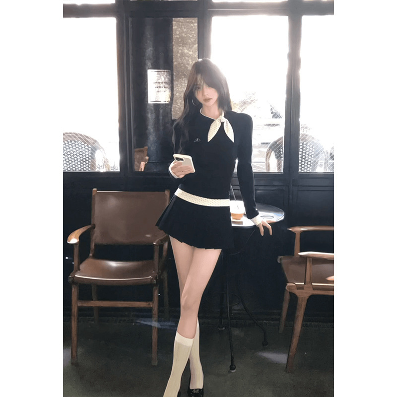 韩系学院风秋季新款假两件长袖t恤女减龄百褶短裙两件套|undefined