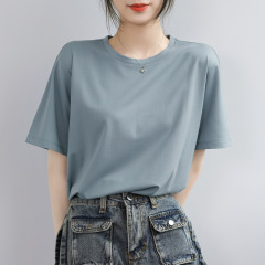 グレーブルーのコットン半袖Tシャツ女性用2025新しいルーズ半袖ハイエンドの見事でシックなトップTシャツ