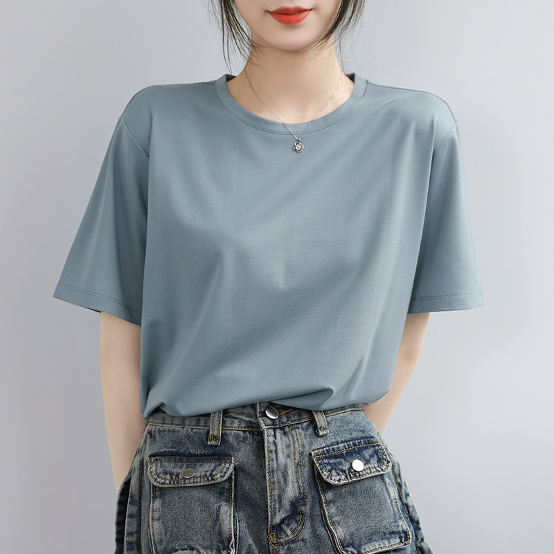 Gray Blue Cotton Short-Sleeved T-Shirt for Women 2025 New Loose Half-Sleeved High-End Stunning Chic Top T-Shirt