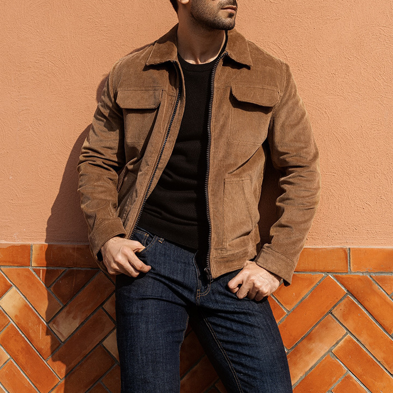 2026 Autumn/Winter New Amazon Men's Retro Corduroy Jacket European and American Cross-Border Trendy Turn-Down Collar Jacket for Men