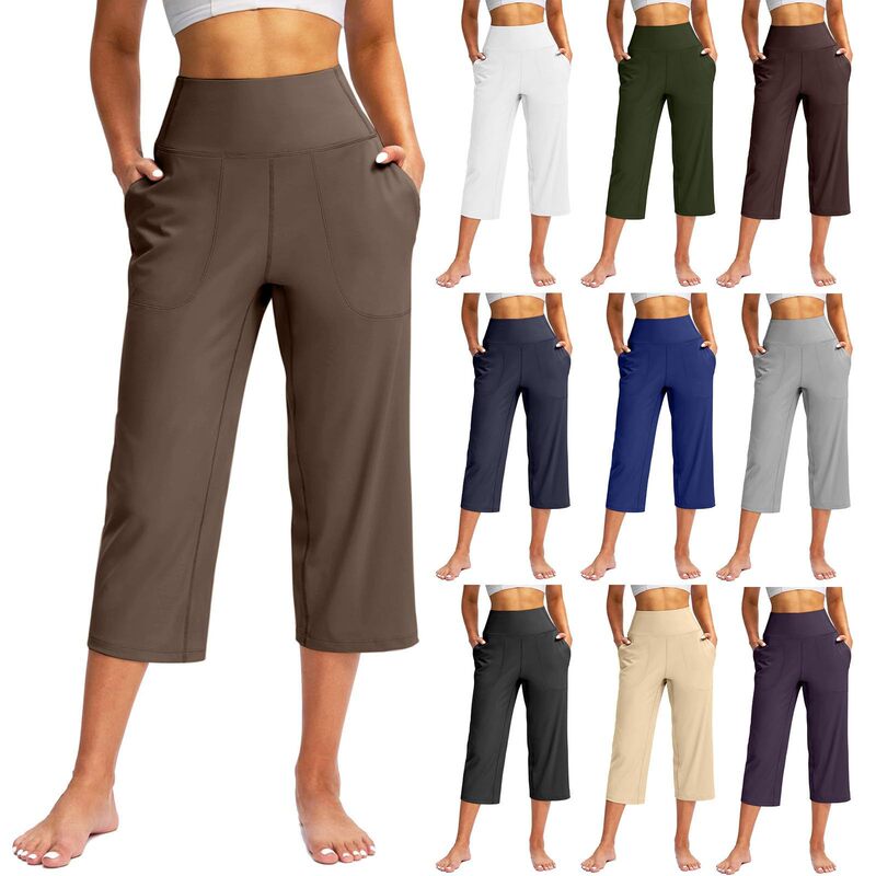 2025 Cross-Border European and American Women's Solid Color Wide-Leg Cropped Pants with Pockets, Tummy Control High-Waisted Sports Yoga Pants