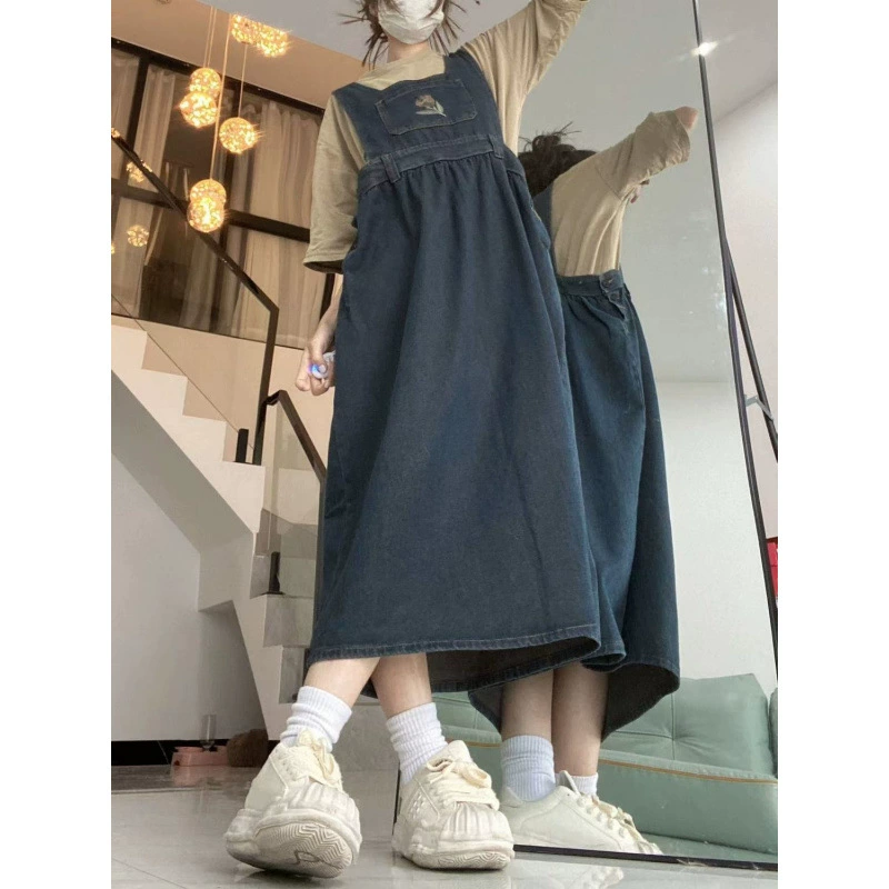 Джинсовое платье на подтяжках для девочек, летнее платье 2025 года, новинка для учениц средней и старшей школы, японский стиль, милое, уменьшающее возраст длинное платье