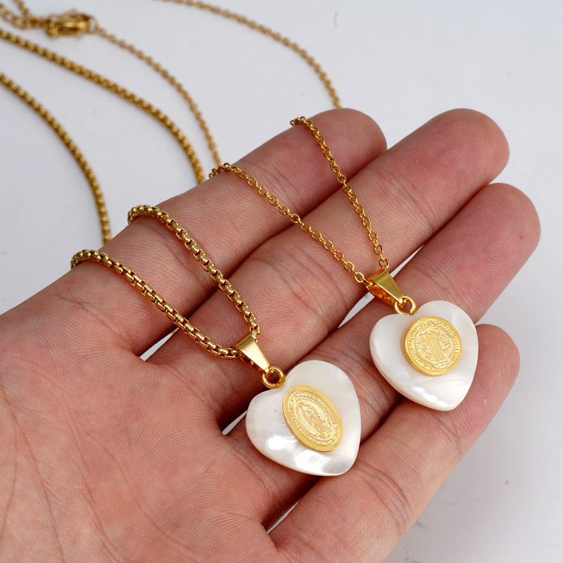 Retro Virgin Mary Heart Shape Titanium Steel Inlay Shell Pendant Necklace