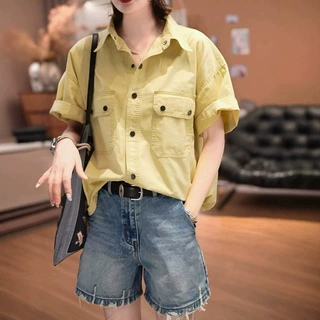 欧货2026夏季新款明线工装短袖衬衫女时尚气质百搭显瘦单排扣上衣