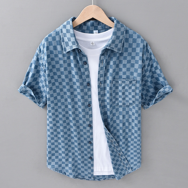 Verano de los hombres de moda a cuadros de manga corta camisa de mezclilla cómoda juventud Ruan guapo casual camisa de algodón del todo fósforo 8859