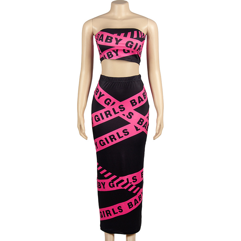 Spring Summer Sleeveless Letter Graphic Print Tube Top Long Skirt Women Set
