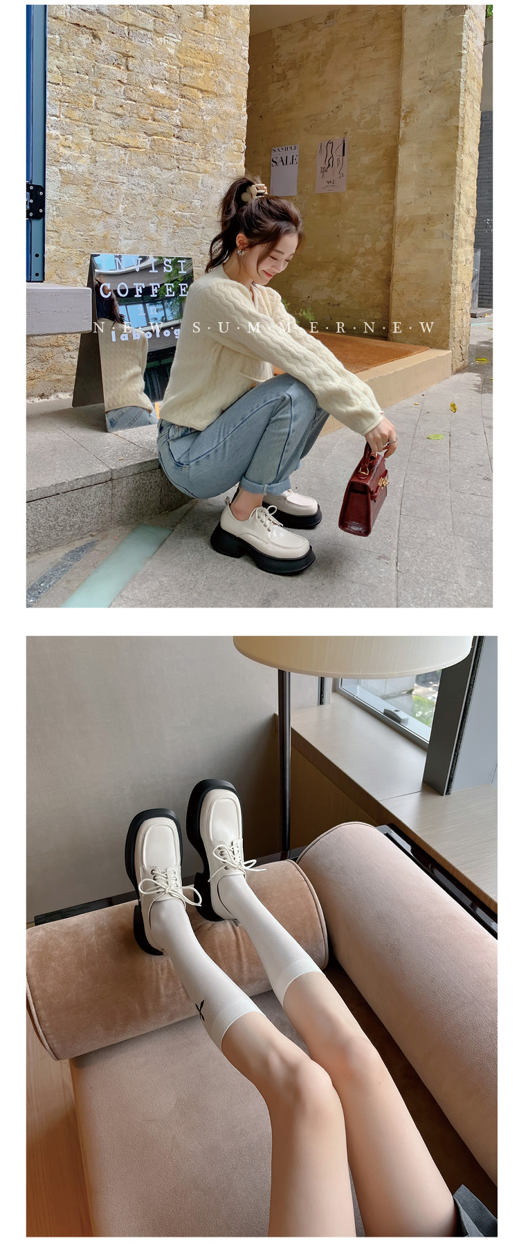 Giày loafer nữ đế xuồng buộc dây phong cách Pháp, gót platform 5 cm — màu đen chi tiết 7