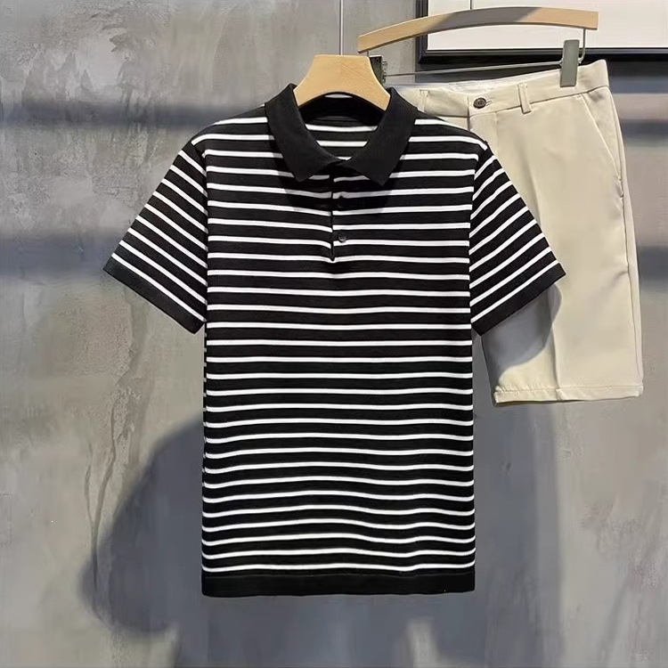 Men's Slim Fit Polo Shirt Striped Short Sleeve Ice Silk T-Shirt Business Casual Lapel Summer Top POLO Clothing_viptrois.com